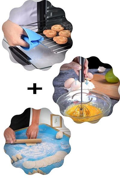 RoseRoi Silicone Dough Mat + Silicone Oven Gloves + Steel Press Automatic Beater Set