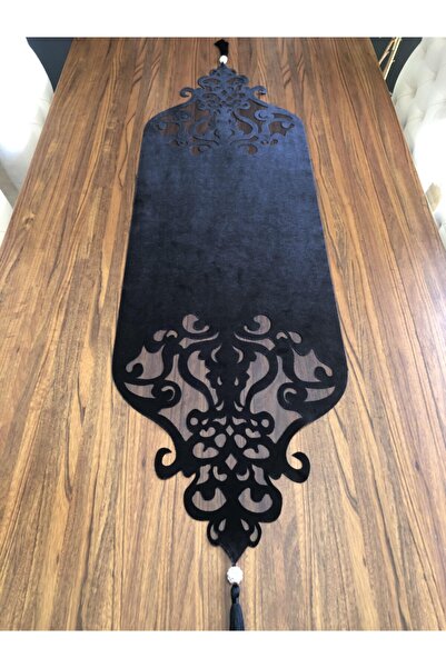 NURHAN HOME COLLECTION Taç Modeli Siyah Renk Altı Siyah Tüllü Taşlı Masa Runner