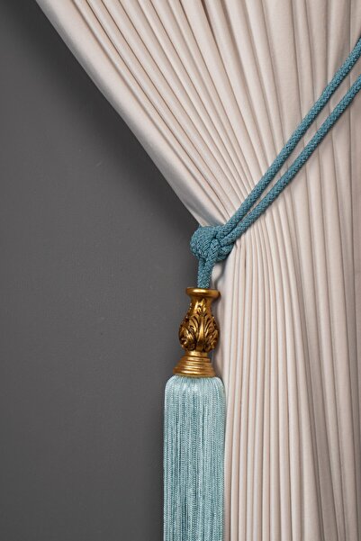 Saççax Exclusive Su Yeşili Renk Altın Karot Detaylı Fon Perde Bağı Bambu Barok Püsküllü Braçol