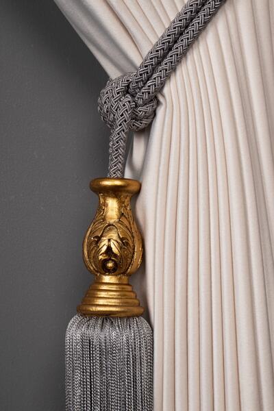 Saççax Exclusive Gray Color Gold Core Detailed Background Curtain Tie Bamboo Baroque Tufted Braçol