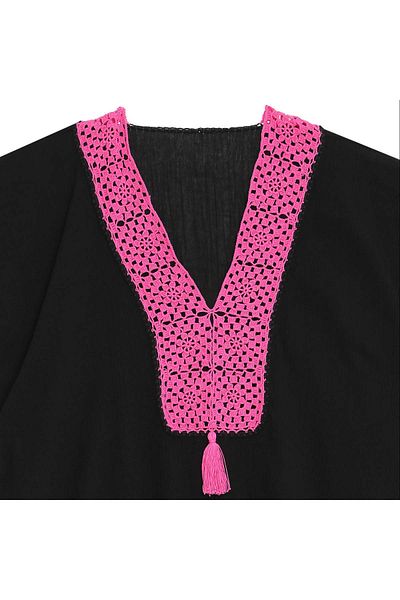 Soma Kadın Atölyesi Hand Embroidered Fuchsia Collar Black Pareo Lacy Cotton Fabric with Tassels Standard Size Black Fuchsia