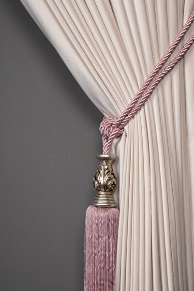 Saççax Exclusive Gül Kurusu Renk Gümüş Karot Detaylı Fon Perde Bağı Klasik Barok Püsküllü Braçol