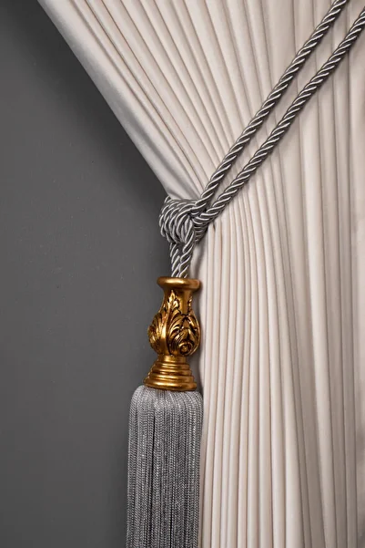 Saççax Exclusive Gray Color Gold Core Detailed Background Curtain Tie Classic Baroque Tasseled Braçol