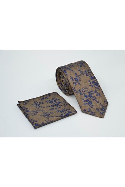 Brianze Navy Blue Flower Pattern Gold Yellow Handkerchief Tie Mkch-3