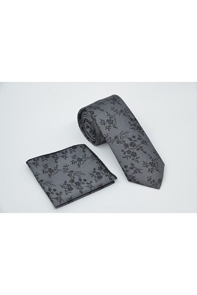 Brianze Black Flower Pattern Gray Handkerchief Tie Mkch-2