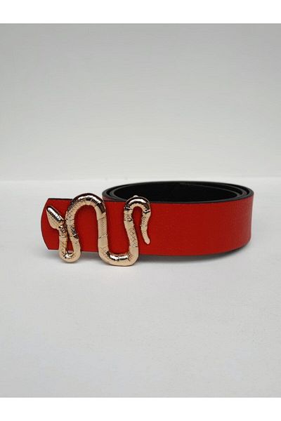 Kemerix Red Snake Buckle Women's Belt - Gold Buckle