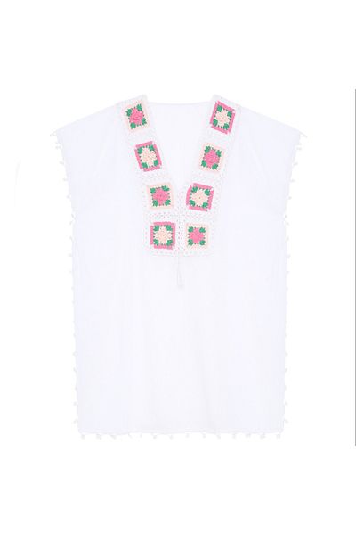 Soma Kadın Atölyesi Somakadın Hand Embroidered Pink Green Collar White Pareo Lacy Cotton Fabric with Tassels StndSize White