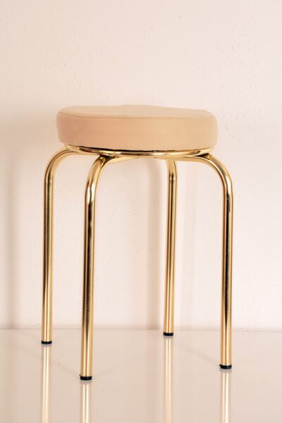 yılmaz masacılık 4 Adet Krem Tay Tüyü Altın Profil Tabure Metal Tabure Mutfak Taburesi Kalın Tabure