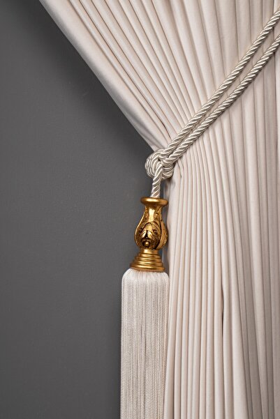 Saççax Exclusive Cream Color Gold Core Detailed Background Curtain Tie Classi...