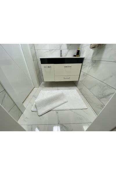 Sarar Peluş Banyo Paspası Takımı 2'li Küçük Boy Jel Kaymaz Taban Post - - Beyaz
