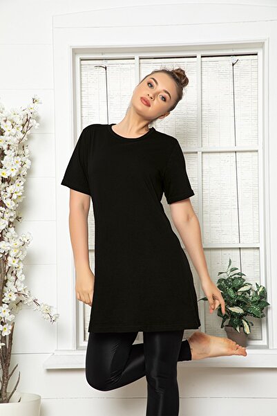 MyBen Kadın Siyah Kısa Kol Pamuklu Bisiklet Yaka Penye Tunik-içlik Slm010