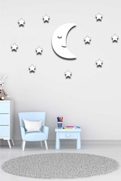 AVMmarketim Beyaz Aydede + 10 Beyaz Yıldız Çocuk Odası Ahşap Duvar Süsü 32x22cm