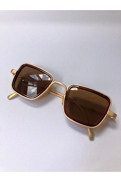 LOOKUP Lookup Unisex Small Square Stempunk Gold Metal Frame Brown Glass Sunglasses