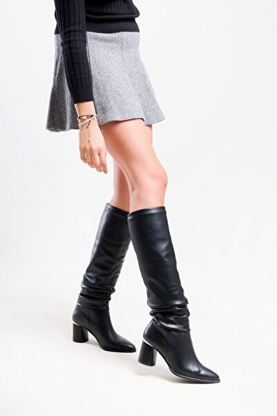 LuviShoes 120 černé kožené měchové dámské kozačky na silném podpatku