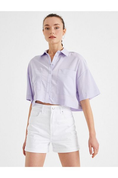 Koton Women's Purple Crop Shirt Short Sleeve
