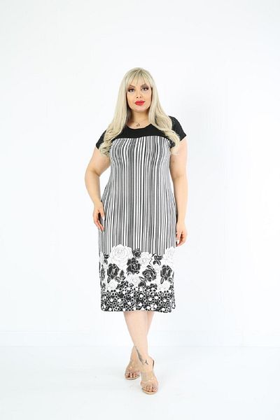 Şirin Butik Women's Large Size Black and White Rose Patterned Viscose Dress