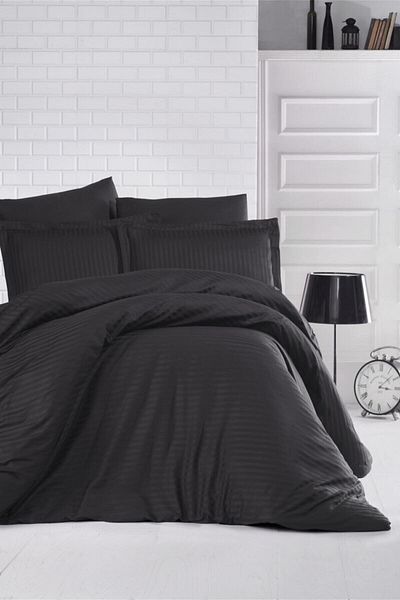 ARAN CLASSY Clasy Striped Satin Duvet Cover Set Double Solid Color Black