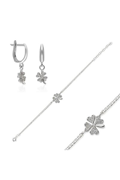ERKOÇ JEWELLERY 925 Ayar Gümüş 2' Li Yonca Küpe Bileklik Set
