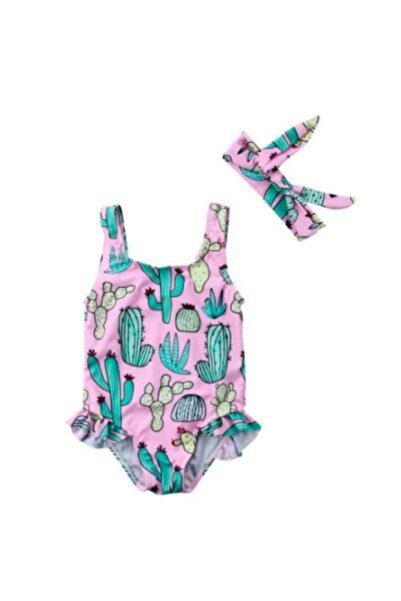 Petityu Pembe Kaktus Desenli Mayo Ve Sac Bandi- Kiz Cocuk Bebek Mayo Ve Bant