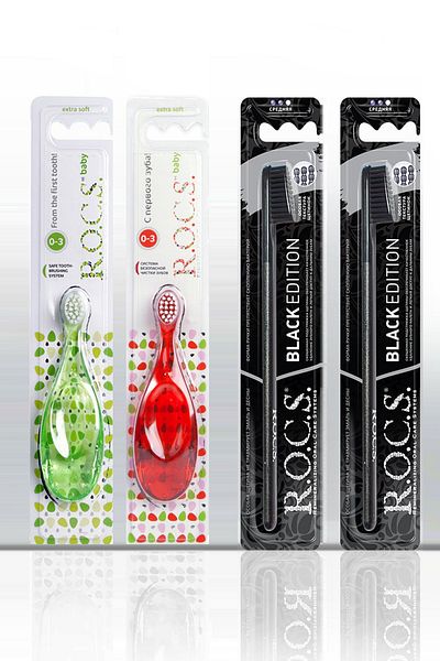 R.O.C.S. Rocs Black Edition 2 Pieces Toothbrush and 2 Pieces 0-3 Baby Toothbrush Family Set (RED-GREEN)