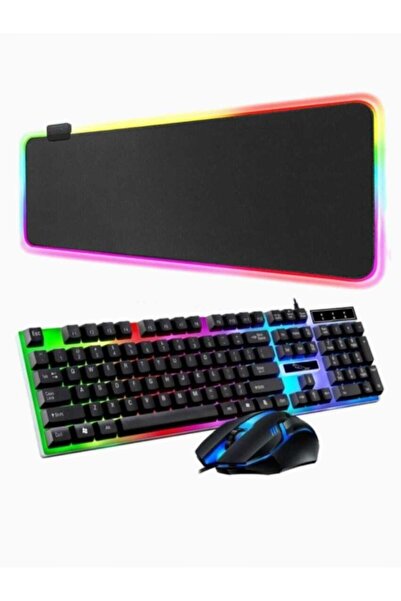 SNEXPRES Siyah Işıklı Gaming Oyuncu Mousepad 70x30 Cm + Işıklı Klavye Mouse Seti