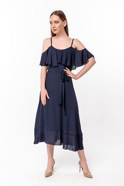 Laranor Navy Collar and Skirt Flywheel Detailed Chiffon Dress