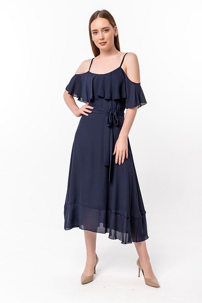 Laranor Navy Collar and Skirt Flywheel Detailed Chiffon Dress