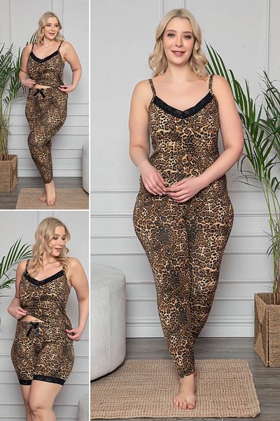 MyBen Plus Size Pajamas Set with Leopard Print Lace Detail - Shorts and Leggings 3-Piece Set 80013