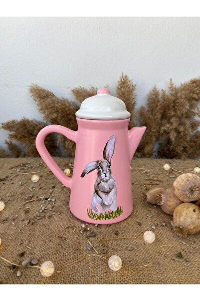 Handmadesign Kapaklı El Yapımı Seramik Sürahi Pembe Beyaz Tavşanlı Peter Rabbit