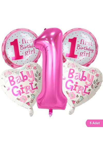 Kazanabil 5 Piece 1 Year Old Themed Giant Foil Balloon Set Pink