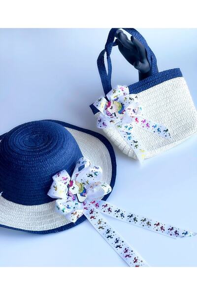 QUEEN AKSESUAR Special Design Luxury Princess Girl's Straw Hat Beach Bag Suit Set Navy Blue Glitter Shiny Unicorn