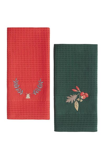 Upline Tea Towel Red - Green Cherry Embroidery 2-Piece Kitchen Napkin Set|Embroidered Drying Cloth (2*50x70)