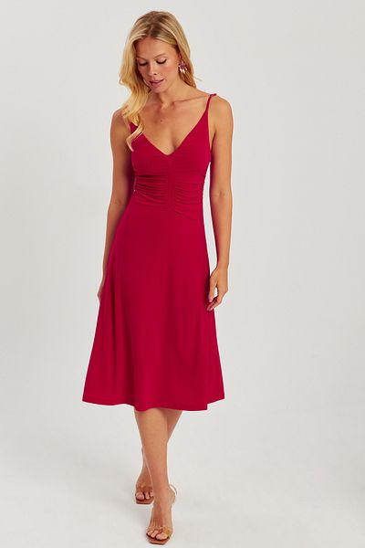 Cool & Sexy Women's Red Gathered Front Midi Dress HO046