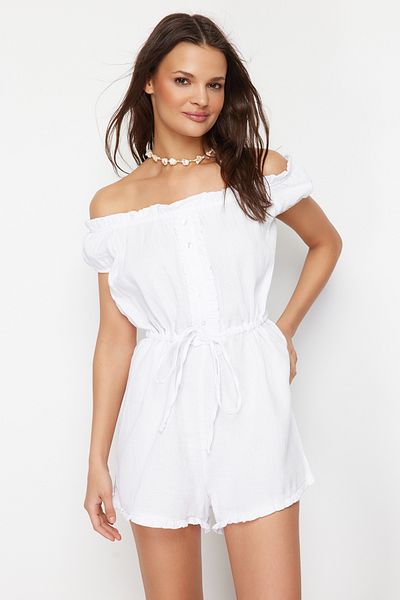 Trendyol Collection Weißer Overall aus gewebtem Musselin aus 100 % Baumwolle TBESS24TU00001