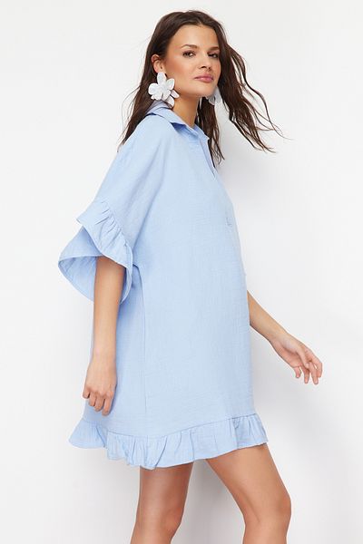 Trendyol Collection Rochie de plajă cu volane mini țesute albastră TBESS24EL00115