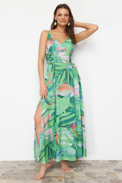 Trendyol Collection Zöld trópusi mintás maxi szőtt strandruha TBESS24EL00098