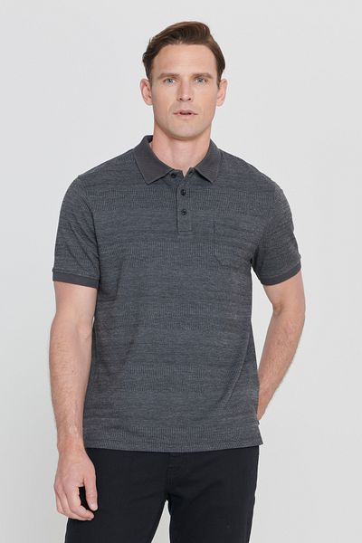 AC&Co / Altınyıldız Classics Men's Black-gray Comfort Fit Wide Cut Polo Collar Patterned T-Shirt