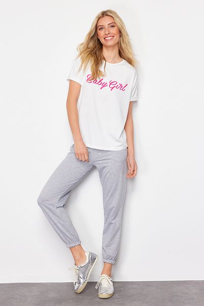 Trendyol Collection Gray Melange Slogan Jogger T-shirt and Sweatpants Set - TWOSS24AU00125