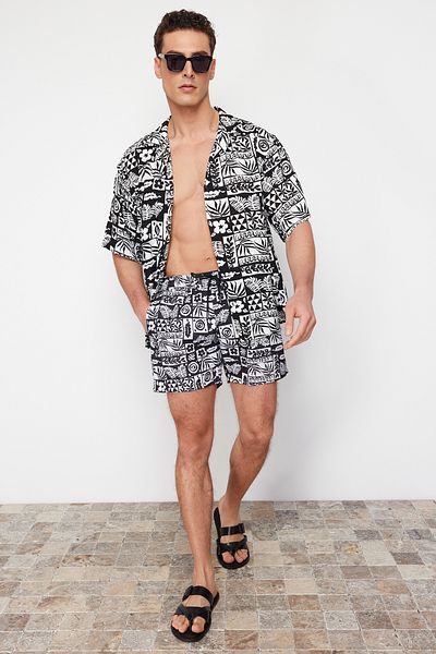 Trendyol Collection Μαύρο πουκάμισο με μοτίβο βισκόζης Oversize Summer - κοντό μανίκι, LooseFitTmnss24go00054