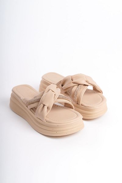 Joy Woman FREJA Flat Heeled Ribbon Patterned Stone Thick and Orthopedic Sole Women's Slippers TT Skin