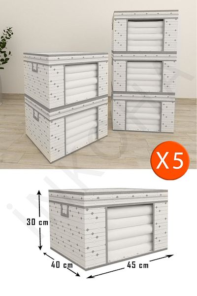 İNKOHA Set of 5 Zippered Storage Bags with Windows - Gray Striped Fabric, 30X40X45 cm Storage Bag