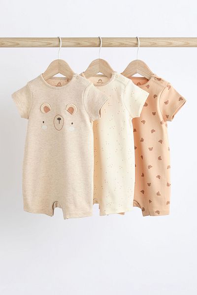 Next Baby Cream Colored Teddy Bear Patterned 100% Cotton Set of 3 Romper