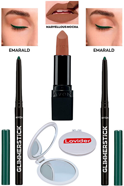 AVON قلم عيون مصعد إميرالد 2 عبوة + أحمر شفاه مارفيلوس موكا غير لامع + مرآة ج...
