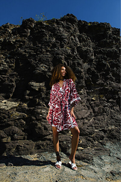Flow by Eda Tümer Kısa Kimono - Beyaz Bordo