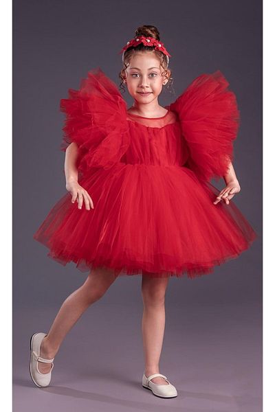 ABİYEKİDS Red Birthday Dress with Ruffled Sleeves Prom Show Outfit April 23 Children's Evening Dress ABY151