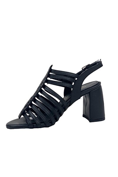 bescobel Women's Perta Black Skin Thick High Heel Shoes Sandals 9 cm 102