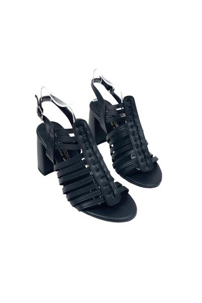 bescobel Women's Perta Black Skin Thick High Heel Shoes Sandals 9 cm 102