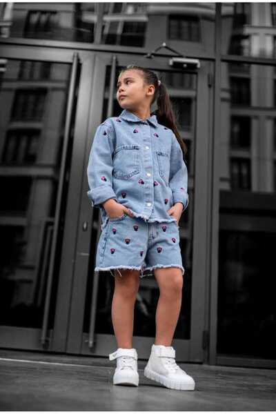 OliveYouMom Minnie Embroidered Pocketed Denim Jacket Jeans Shorts Set