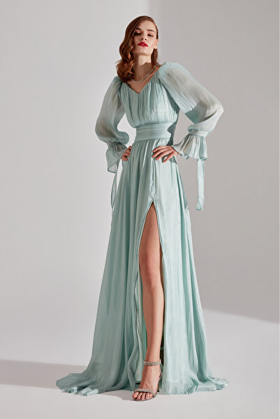 BETTY & SAM ANIKA Su Yeşili Yırtmaçlı V Yaka Gece Elbisesi