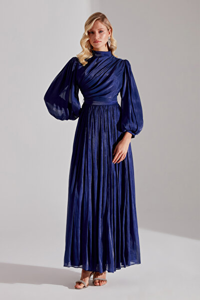 BETTY & SAM ALAINA LACİVERT Drapeli Balon Kol Gece Elbisesi